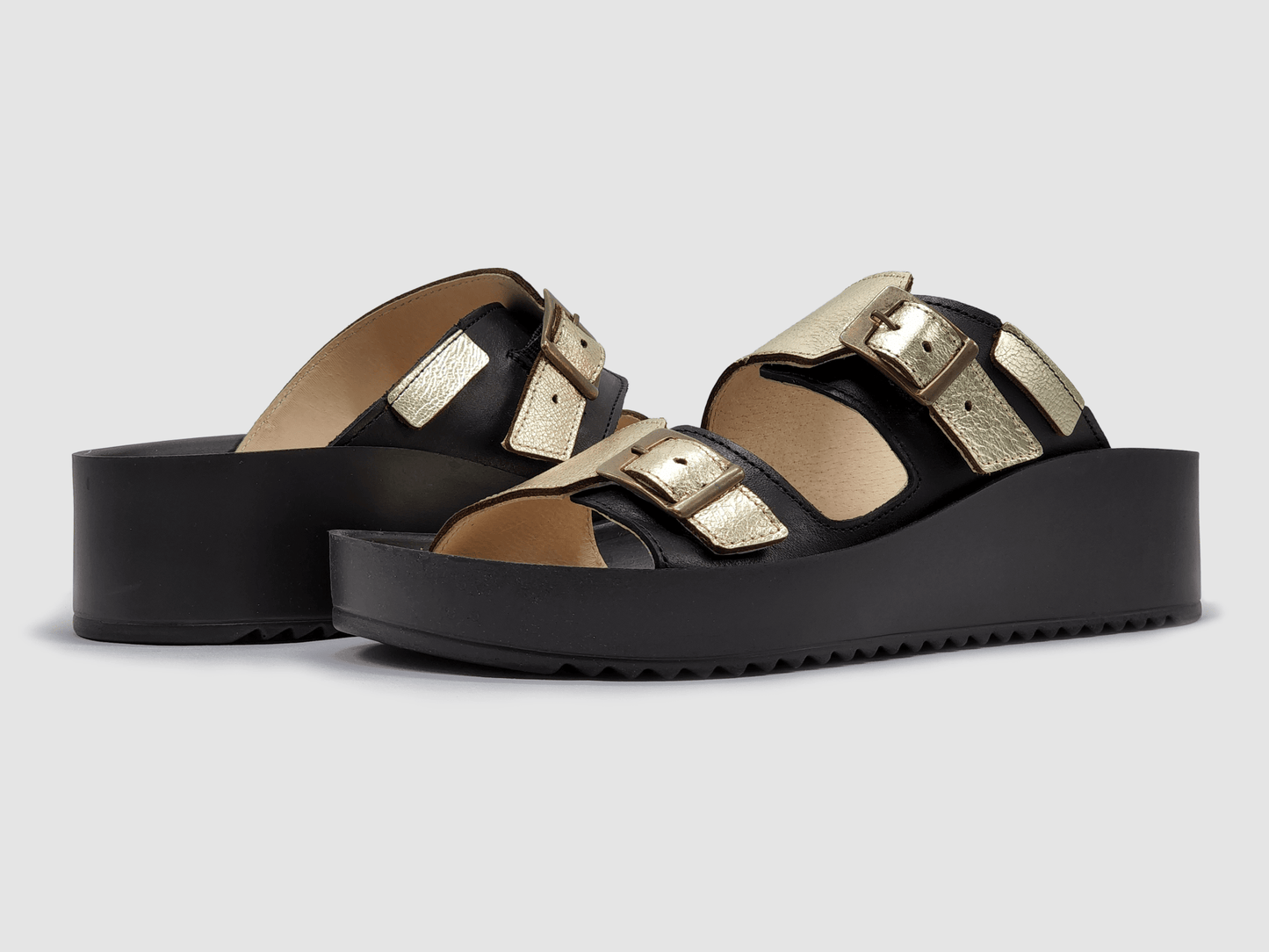 Women's Signature Leather Sandals - Black & Gold - Euro Shoe House
