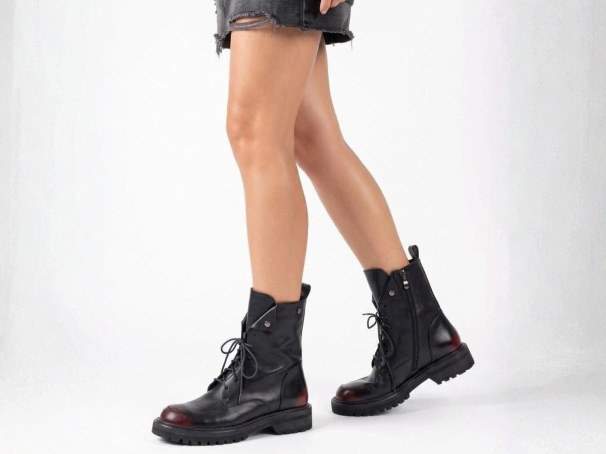 Women's Valeria Leather Boots - Black/Red - Euro Shoe House